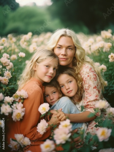 Happy mother's day. A heartwarming image of a mother embracing her grown - up children, surrounded by a field of blooming flowers. Generative AI © Matyfiz