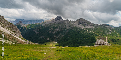 Beautiful Dolomites mountains from meadow above Passo Falzarego