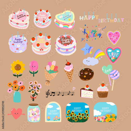 Vector set of happy birthday vector elements. Birthday Cakes, Flowers , symbols of celebration.