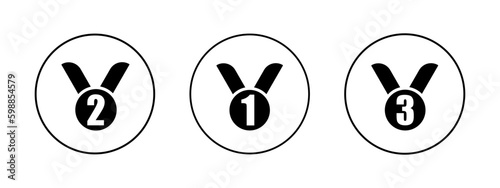 Icon with sport medal for celebration victory. Champion reward. First, second and third place. Vector illustration of gold, silver and bronze medal.
