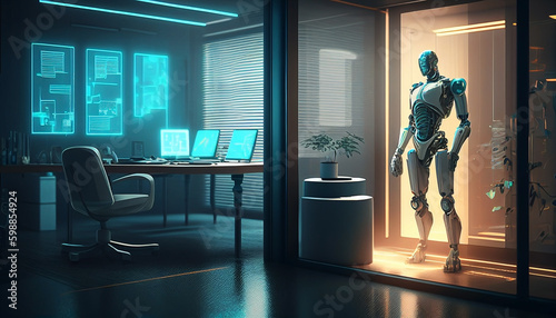 AI robot in office room with hologram works data flow © ranchuryukin