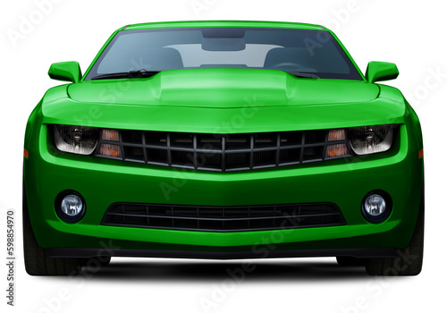 Powerful American muscle car in full green color front view. Isolated on a transparent background.