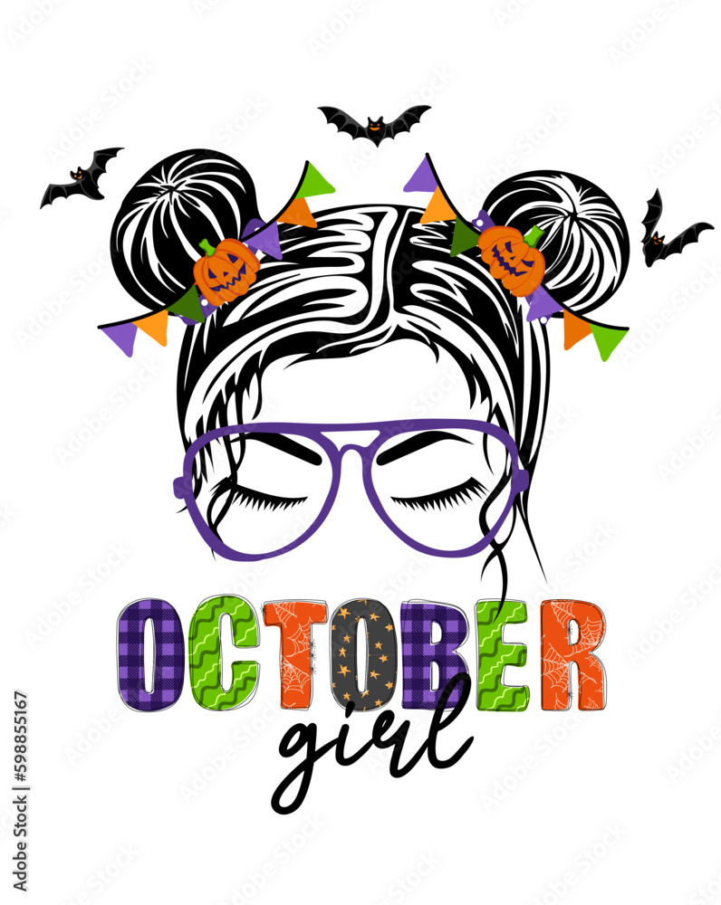 Obraz premium October girl. Hand drawn woman face with spooky pumpkins, bats and doodle text. Happy halloween concept. Holiday design for poster, banner, t shirt, card, flyer, invitation. Vector illustration