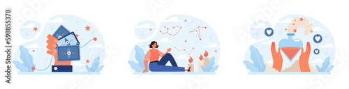 Occultism set. Character performing witchcraft rituals, sorcery and magic