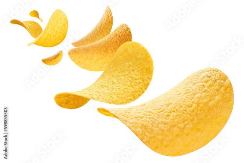 Flying delicious potato chips, cut out photo