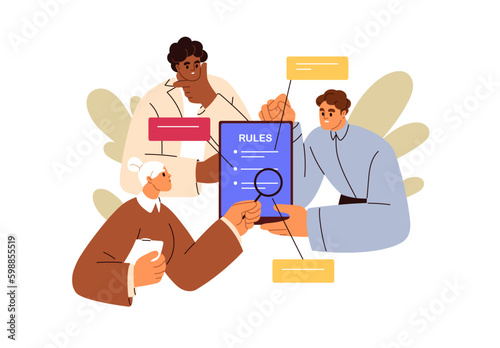 Reading new rules, corporate policy. Studying regulations, business law, code of conduct. Colleagues and regulatory document, instruction. Flat graphic vector illustration isolated on white background