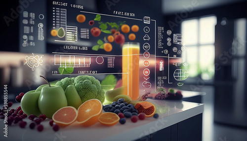 health flow diagrams data concept, fruits and vegetables data flow © ranchuryukin