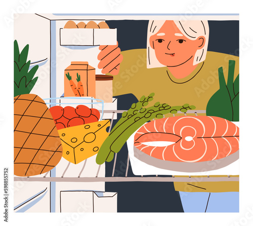 Looking inside fridge with healthy products, food ingredients. Opening door of refrigerator with fish, vegetable, fruit, cheese on shelf. Flat graphic vector illustration isolated on white background