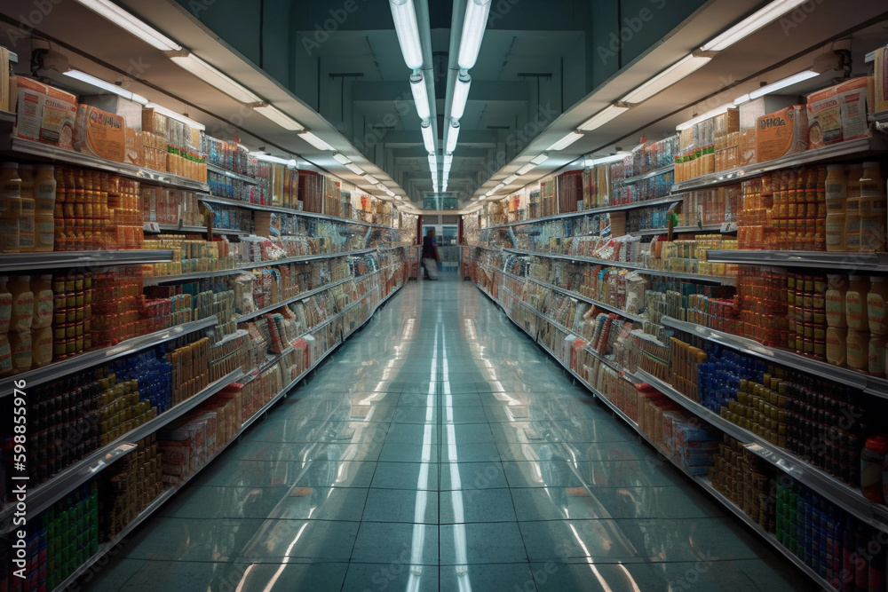 Supermarket inside. Interior of a grocery store. AI Generated