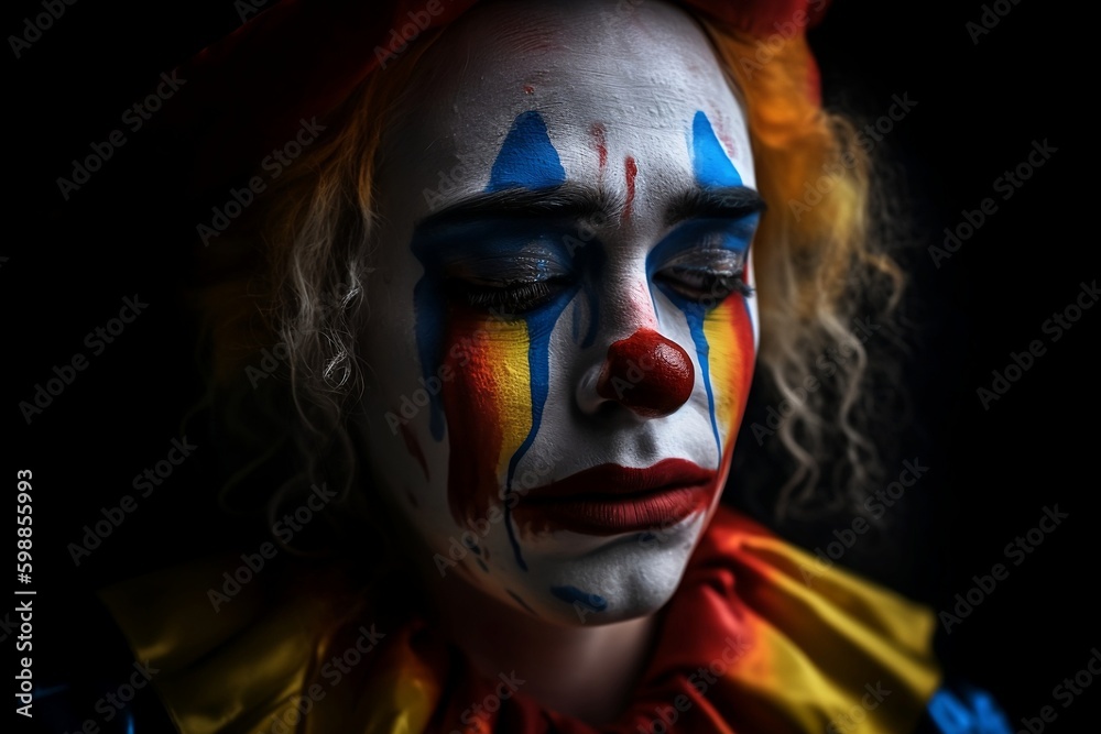 Tears Behind the Paint: A Haunting Portrait of a Sorrowful Clown in Shadows