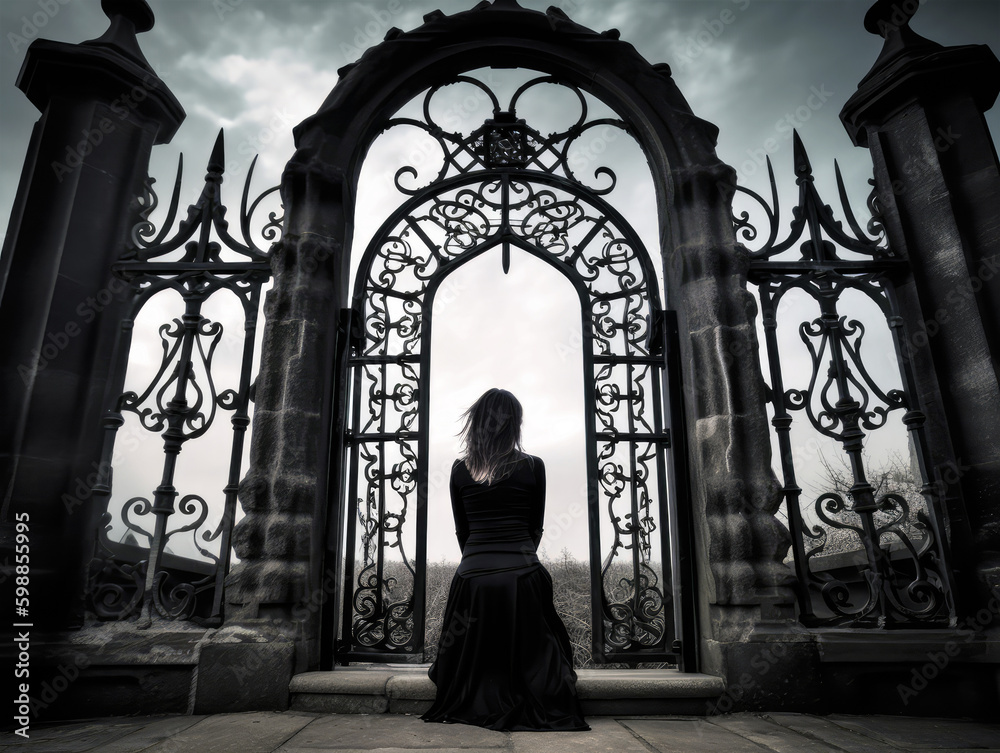silhouette of a person sitting in front of the gates. Generative AI image. silhouette of a person sitting in front of the gates. Generative AI image.