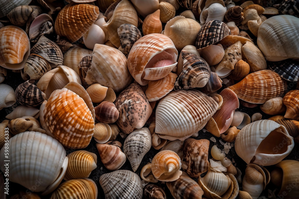 Lots of shells. Sea background or texture. AI Generated
