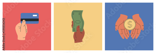 Set of different hands holding credit card, banknotes dollars and coin. Hand drawn vector illustration isolated on colorful background. Modern flat cartoon style
