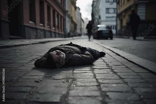 man is lying on the street and died. AI Generated