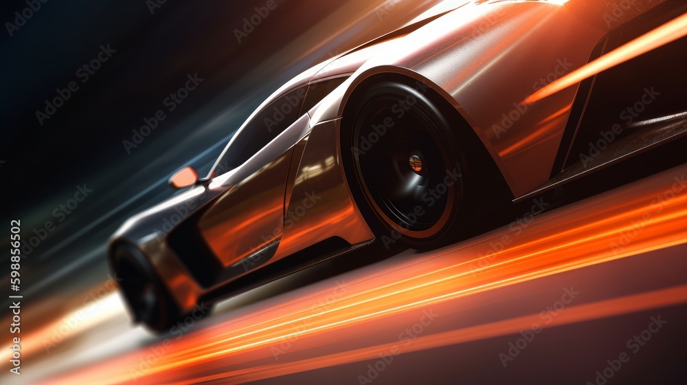 Close-up shot of a fast-speed car with various lights around it. Generative AI