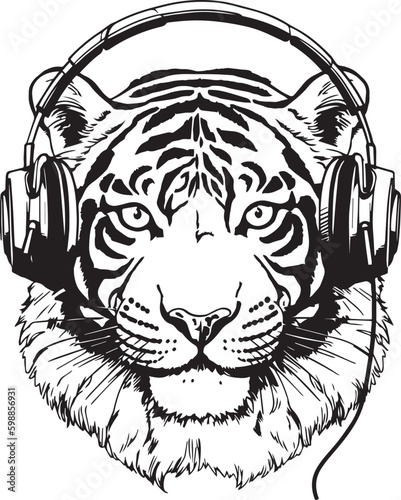 Tiger head in headphones, Vector illustration, SVG