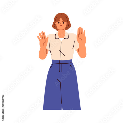 Afraid woman gesturing stop with palms. Shocked scared girl showing rejection, refusal sign with hands, saying now. Mute objection, denial. Flat vector illustration isolated on white background