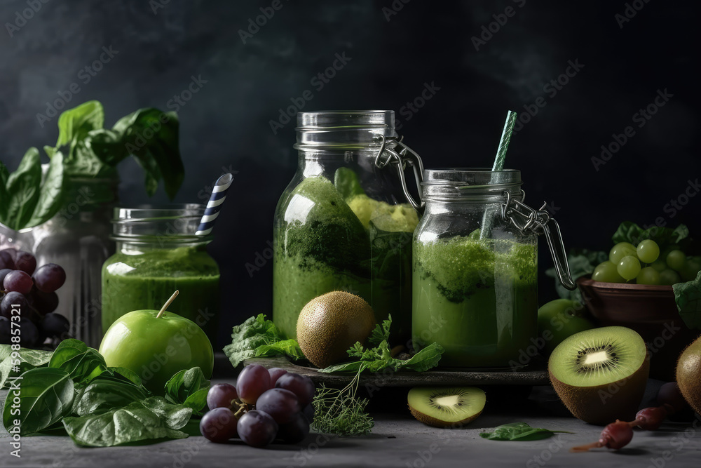 Green Elixir. Glass jar mugs with green smoothie on a dark background. Refreshing and invigorating concept. AI Generative Green Elixir. Glass jar mugs with green smoothie on a dark background. Refreshing and invigorating concept. AI Generative