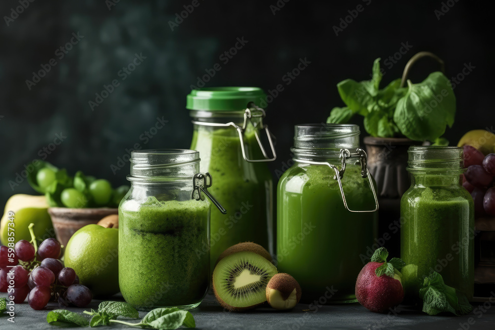 Green Elixir. Glass jar mugs with green smoothie on a dark background. Refreshing and invigorating concept. AI Generative Green Elixir. Glass jar mugs with green smoothie on a dark background. Refreshing and invigorating concept. AI Generative