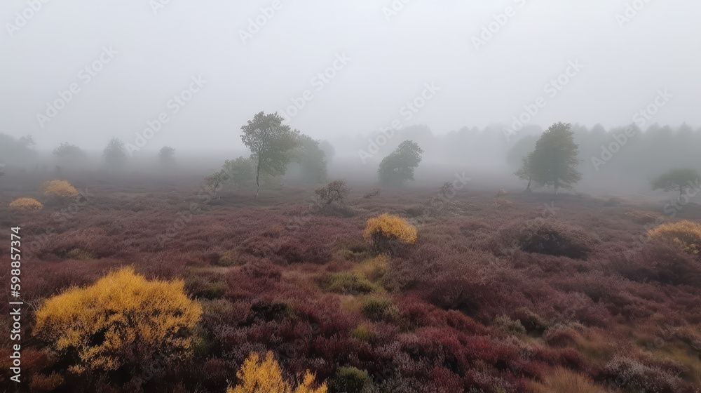 Mystical Heathland: A Foggy Morning in Lower Saxony. Generative AI