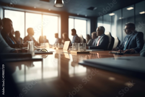 Business concept. Business meeting in boardroom. Blurred people on background. Team meeting in office near table. Generative AI