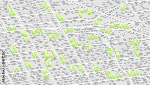 Modern isometric or 3d location map with abstract industrial buildings, city landmarks, streets. Clean design template. Vector illustration. View from above the map buildings