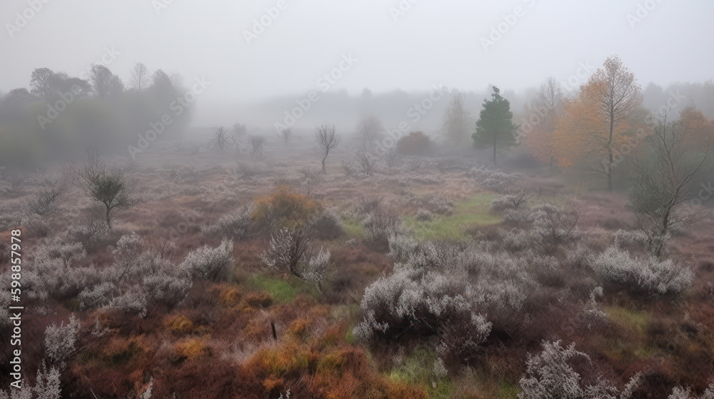 Mystical Heathland: A Foggy Morning in Lower Saxony. Generative AI