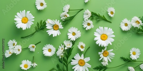 Modern abstract card with colorful spring background full daisies on light background for decoration design. White background. Fashion model. Studio fashion portrait. Abstract botanical background.