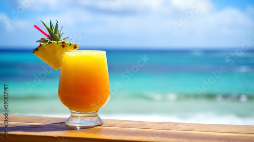 Mai Tai cocktail on background with blue sea and sky tropical background. Generative AI
