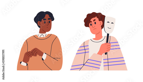 Revealing real attitude, feelings, taking off face mask with fake hypocrite smile. Stop pretending, changing positive to negative emotion. Flat graphic vector illustration isolated on white background