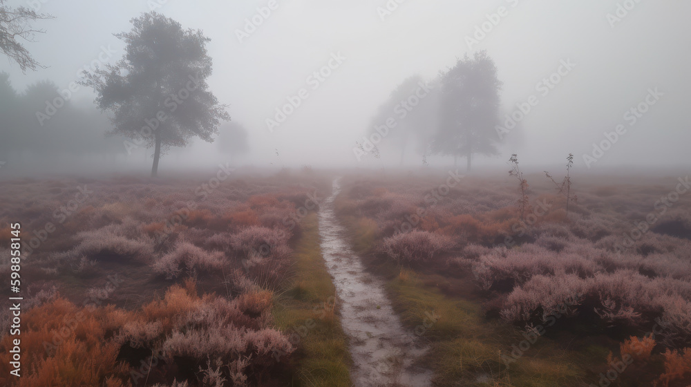 Mystical Moorland: Lower Saxony Heathland in Dense Fog. Generative AI Mystical Moorland: Lower Saxony Heathland in Dense Fog. Generative AI