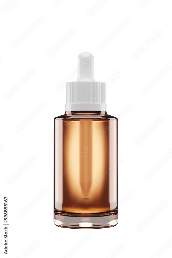 3D rendering of medical oil glass bottle isolated on white background. container for perfume cosmetic bottle simulated  glass.
