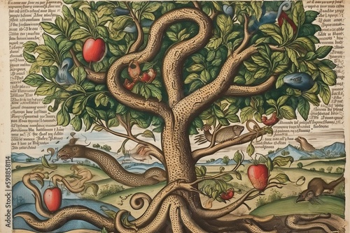 Foto The biblical tree of knowledge in genesis with the apples and the serpent, gener