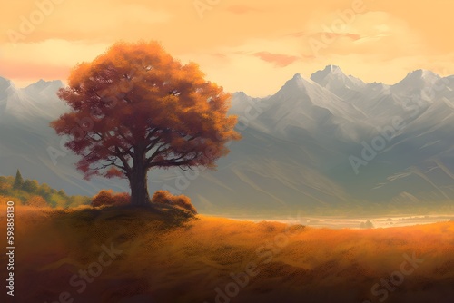 A landscape of a mountain range with a single tree in the foreground AI-Generated image