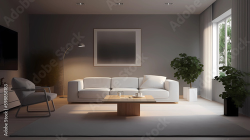 Stylish scandinavian living room with design furniture, plants, bamboo bookstand and wooden desk. Abstract painting on the white wall. Modern decor of bright room, Generative AI