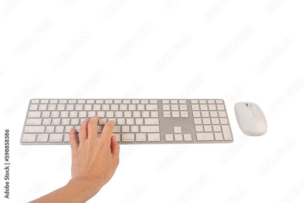 Closeup of business woman hand typing on laptop keyboard with mouse on transparent background Closeup of business woman hand typing on laptop keyboard with mouse on transparent background