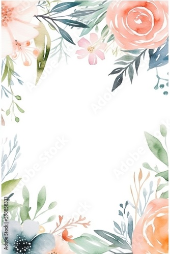 Water Color Pastel Flower and bloom, Wedding decorative perfect rectangle frame border, AI Generative