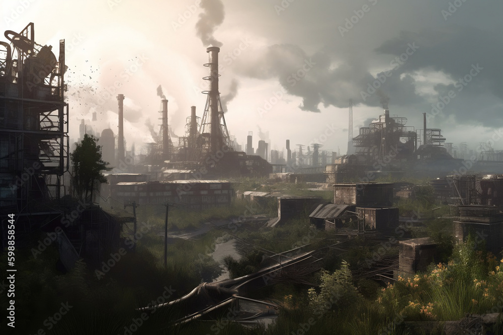 Nature's Takeover: Dystopian City Skyline with a Nuclear Power Plant
