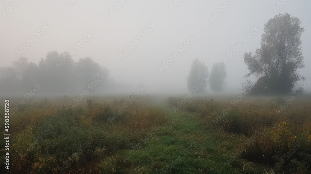 Mystical Meadow: Fens in Dense Fog. Generative AI Mystical Meadow: Fens in Dense Fog. Generative AI