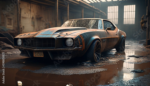 old rusty car in an abandoned factory. classic car lifestyle. vintage muscle car