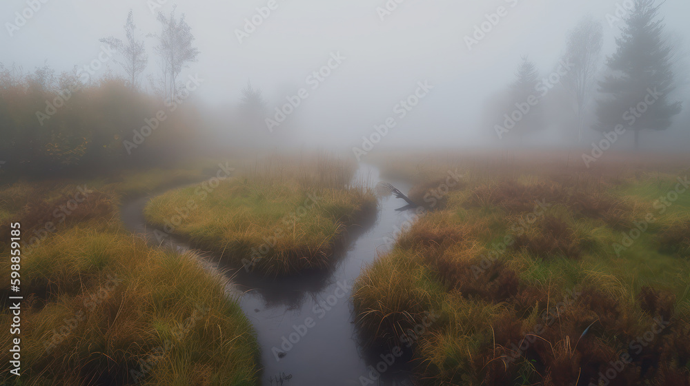 Disappearing Stream in the Foggy Meadow. Generative AI