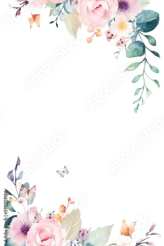 Water Color Pastel Flower and bloom  Wedding decorative perfect rectangle frame border  AI Generative