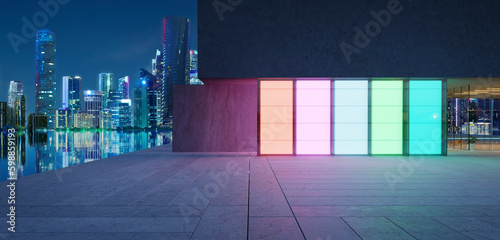 Fototapeta Naklejka Na Ścianę i Meble -  3d Offices building with beautiful rich color lighting wall design