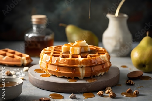 Belgian handmade waffles with caramel pouring the topping, Waffle with caramel and pear, Food photography, Ai generated