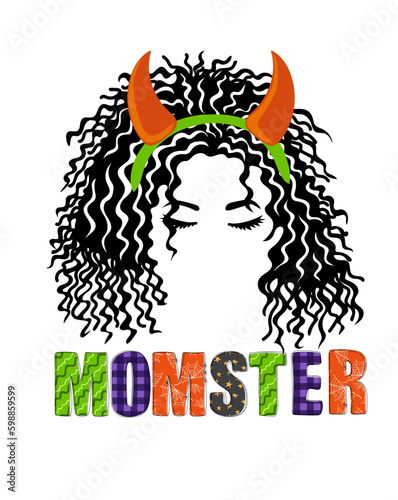Momster. Hand drawn woman face with devil horns and doodle text. Happy halloween concept. Holiday design for poster, banner, t shirt, card, flyer, invitation. Vector illustration