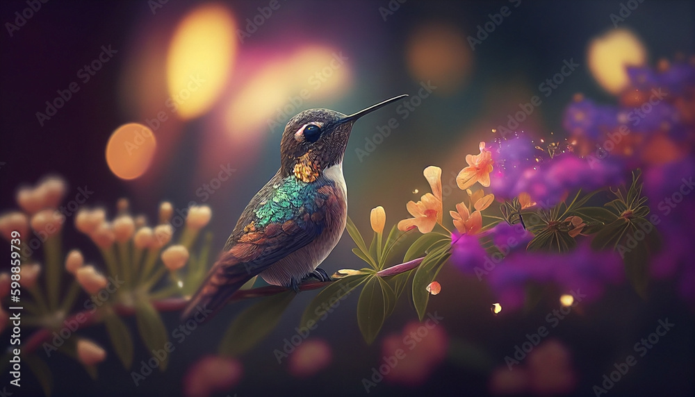 Obraz premium hummingbird flying near flower. hummingbird perched on a flower branch, ai generated