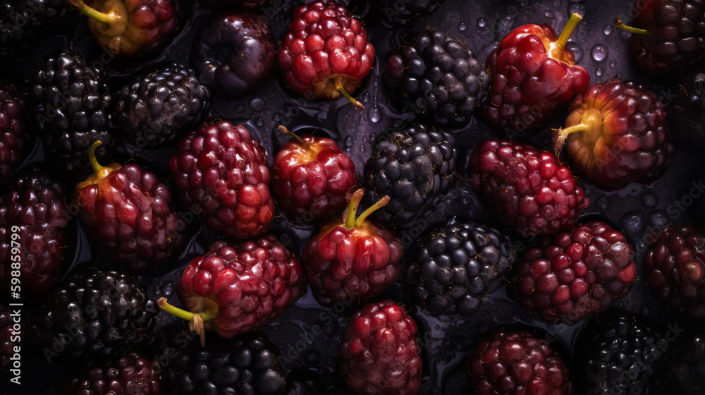 Fresh ripe mulberry with water drops background. Berries backdrop. Generative AI Fresh ripe mulberry with water drops background. Berries backdrop. Generative AI