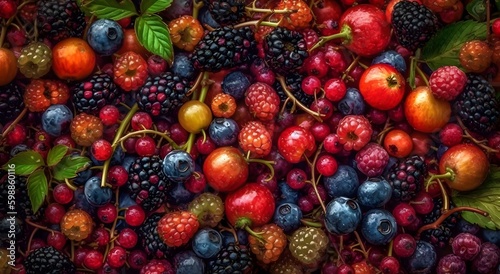 Berries overhead closeup colorful large assorted mix of strawbwerry  blueberry  raspberry  blackberry  red curant in studio  Ai generated