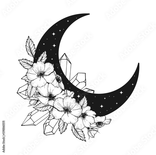 Bohemian crescent with stars, crystals and flowers isolated on white background. Alchemy esoteric magic talisman. Mystical symbol.