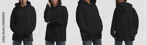 Mockup of a fashionable black long hoodie for a girl, streetwear for branding, design, commerce, front, back view.